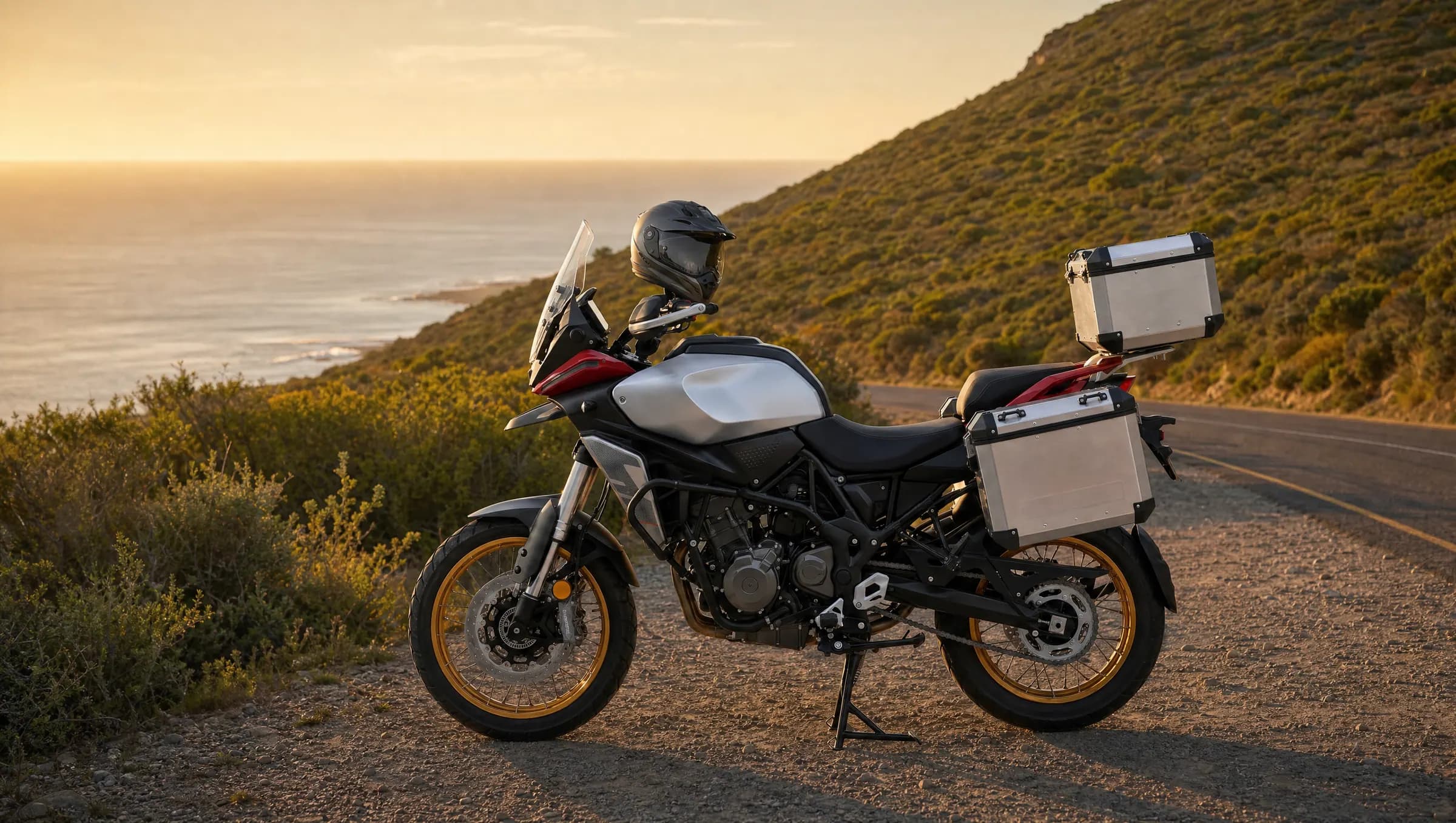 The Adventure 700 on a coastal road at dusk