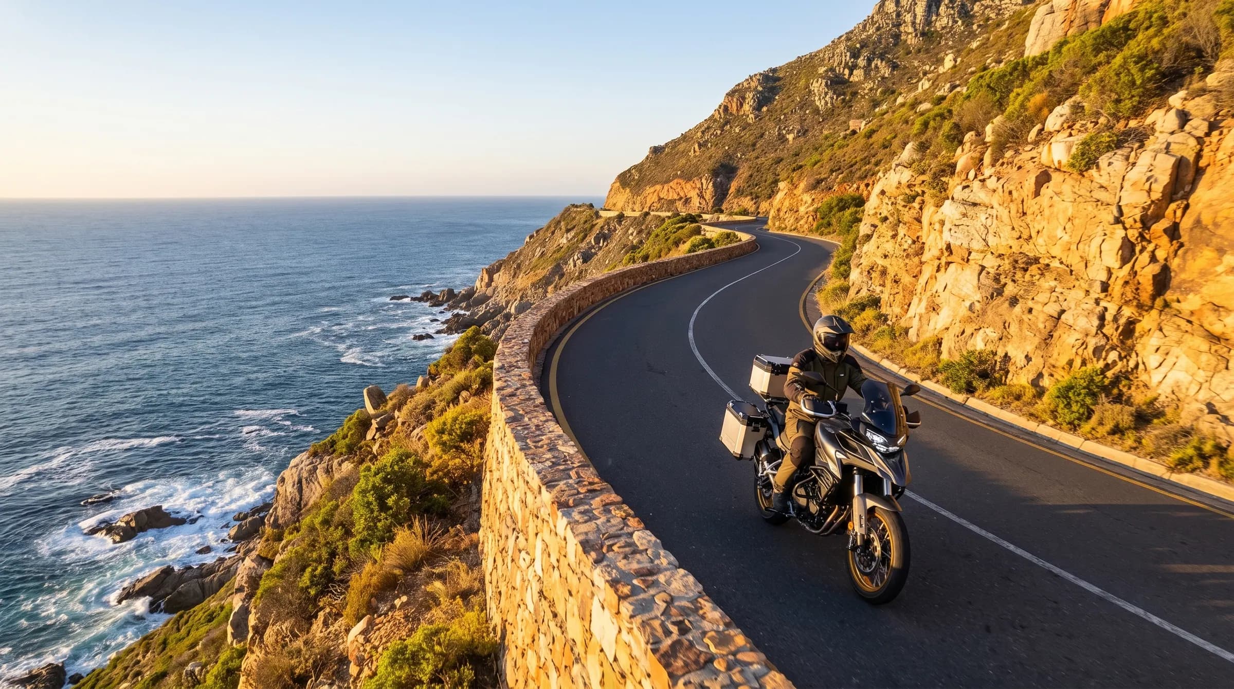 A rider on a loaded adventure bike sweeping along a coastal mountain road at golden hour